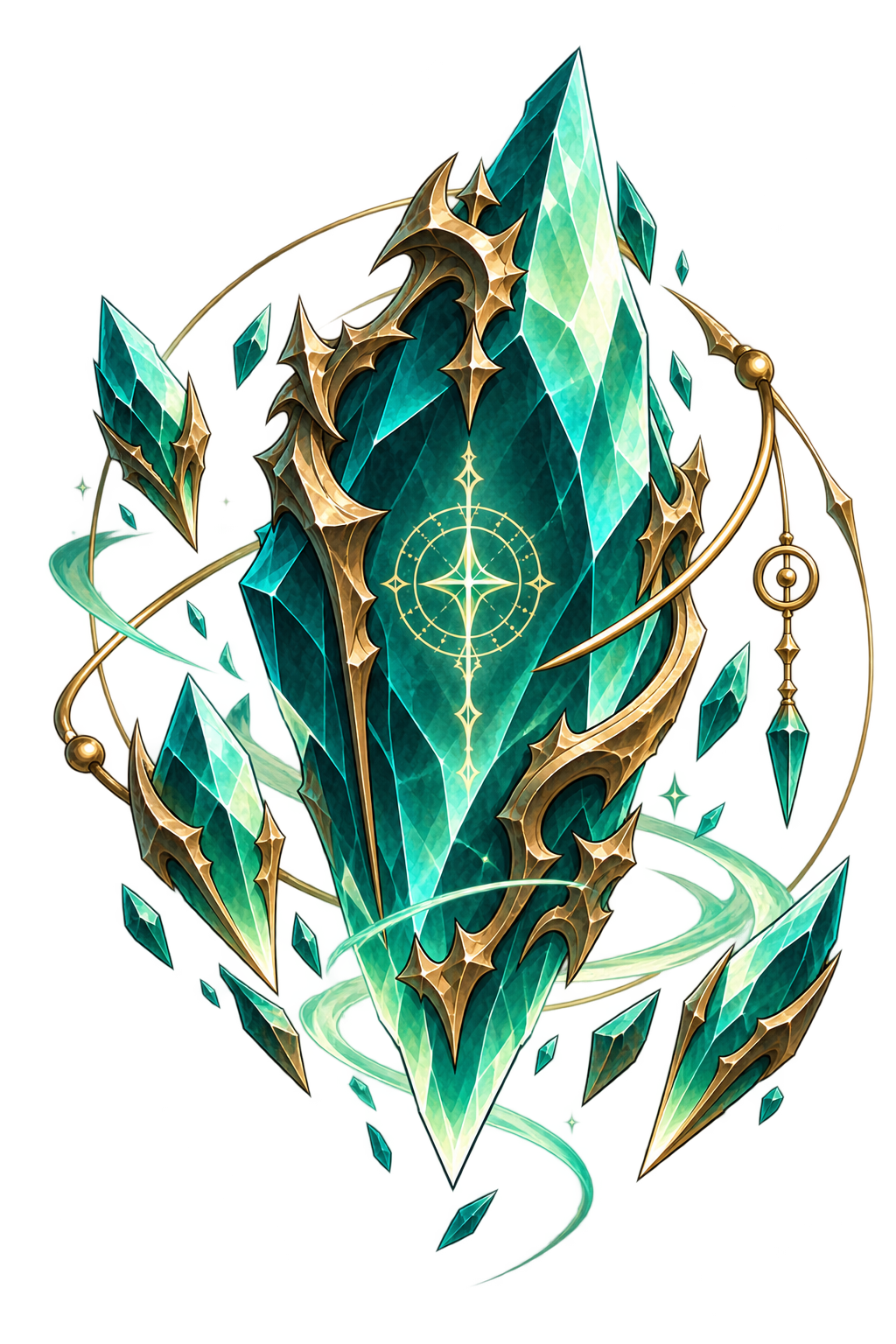 Jade crystal with golden orbit rings